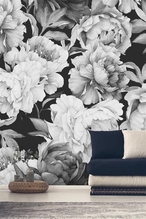 Large Peony On Black Background Removable Wallpaper Peel And Stick