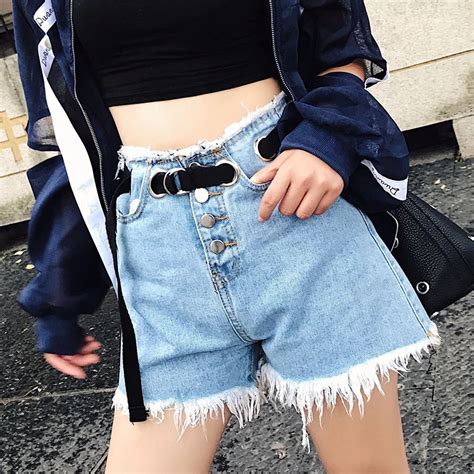 Women High Waist Jeans Denim Shorts Casual Sashes Button Ripped Frayed