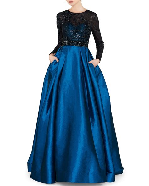 Mac Duggal Sequin Embellished High Neck Illusion Long Sleeve Taffeta