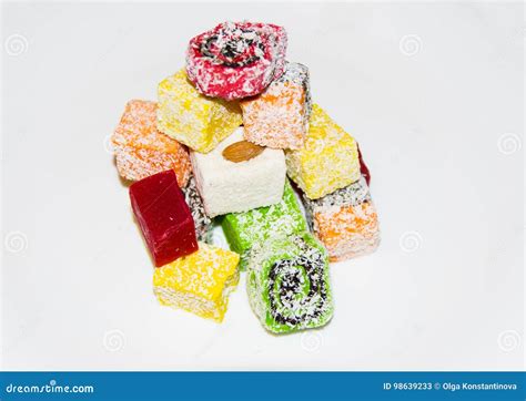 Many Assorted Multicolored Turkish Delight On White Background Stock Image Image Of Yellow