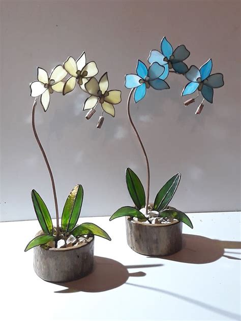 Flower Orchid Stained Glass Flowers With Copper Stems And Wood Etsy