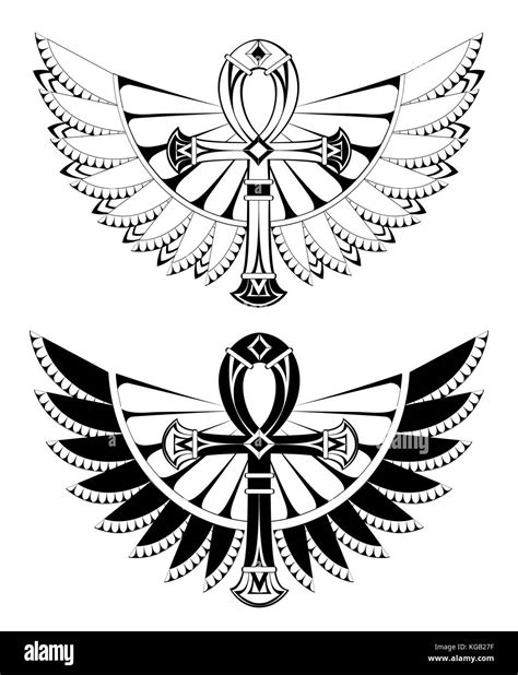 Two Artistically Drawn Contoured Ankhs With Wings On A White Background Tattoos Style Element