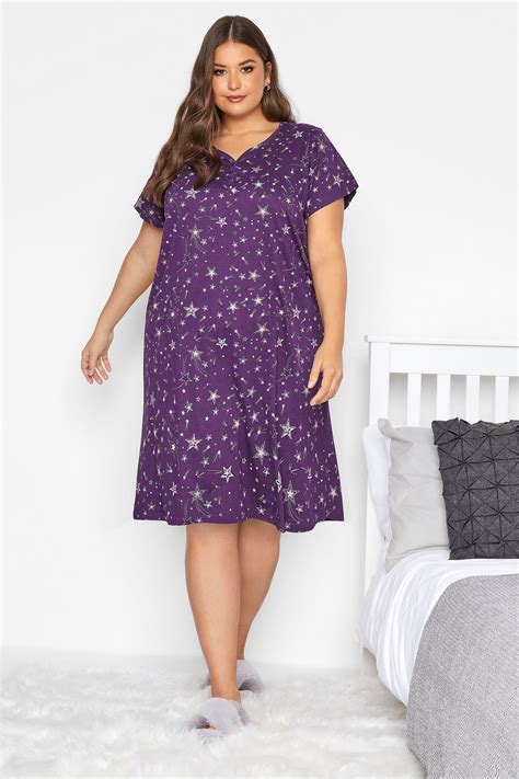 Plus Size Purple Star Print Placket Nightdress Yours Clothing