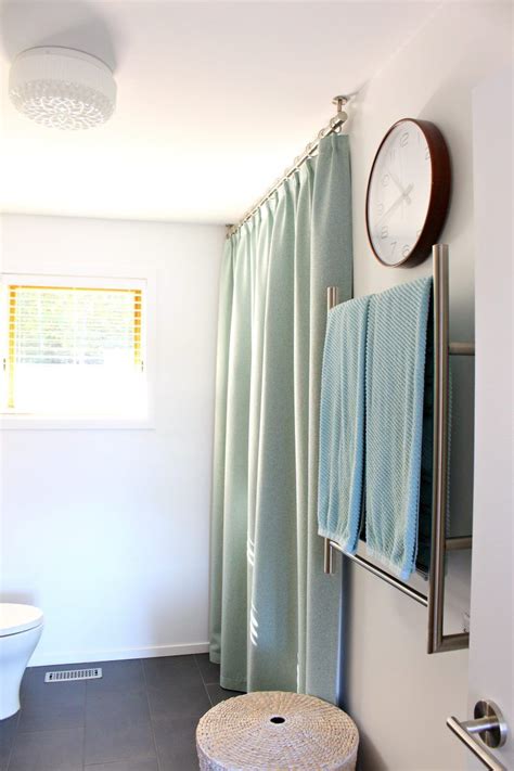 Fixed rods are traditional shower curtain rods. Bathroom Update: Ceiling Mounted Shower Curtain Rod ...