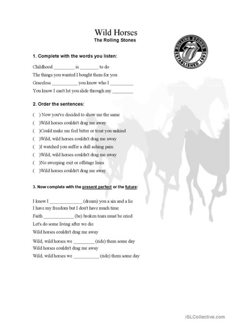 Wild Horses Song And Nursery Rhym Français Fle Fiches Pedagogiques
