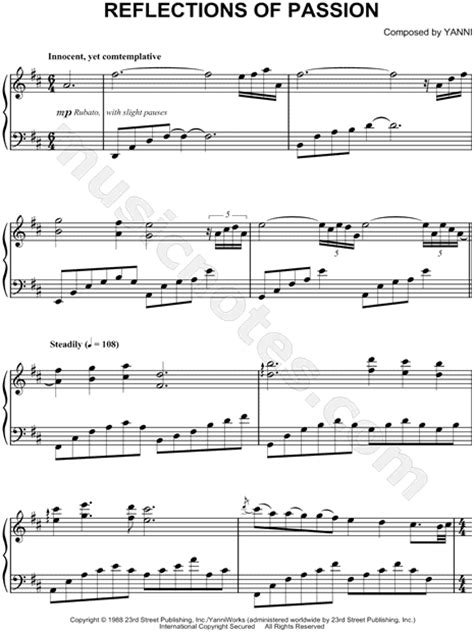 Yanni Reflections Of Passion Sheet Music Piano Solo In D Major