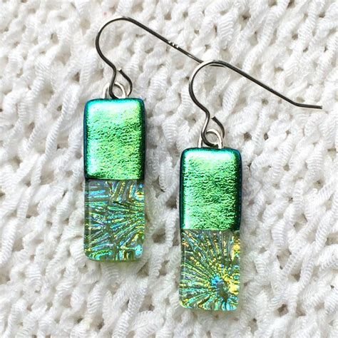 Green Fused Dichroic Glass Earrings Lime Green Earrings Etsy Uk Fused Glass Jewelry Dichroic