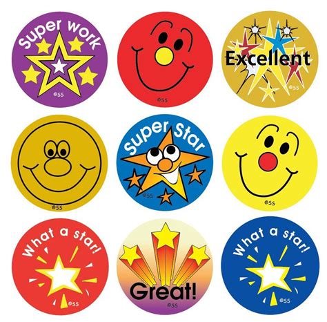 Six Different Badges With Stars And Smiley Faces On Them Including The