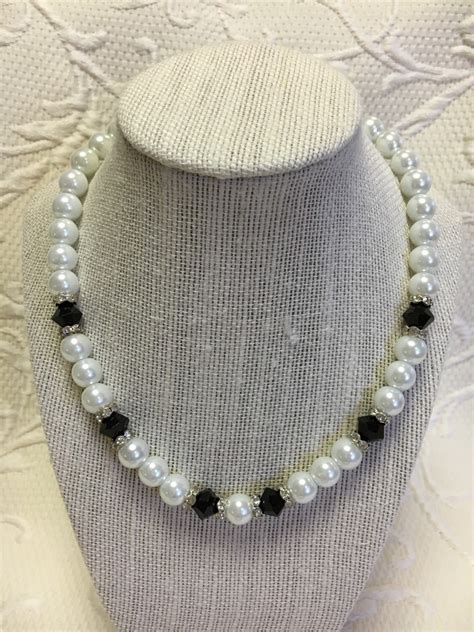 Pearl And Black Bead Necklace With Silver And Crystal Accents