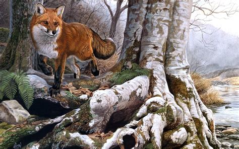 Animals Fox Foxes Nature Landscapes Trees Forests Rivers Paintings