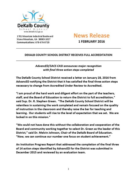 Dekalb County School District Receives Full Accreditation