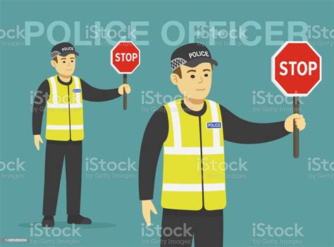 Isolated European Traffic Police Officer Holding A Stop Sign