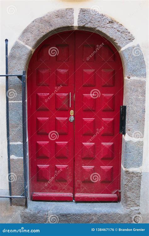 Beautiful Red Door With Stone Entryway Steel Gate Stock Photo Image