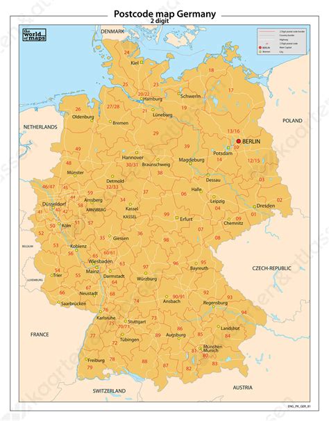Duitsland is één van de grootste landen van europa en ook één van de grootste economieën ter wereld. Duitsland 2-cijferige postcodekaart 81 | Kaarten en Atlassen.nl