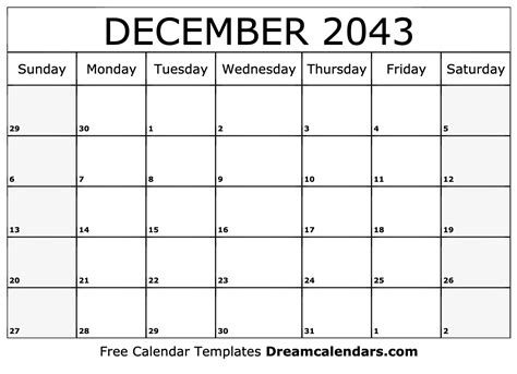 December 2043 Calendar Free Blank Printable With Holidays