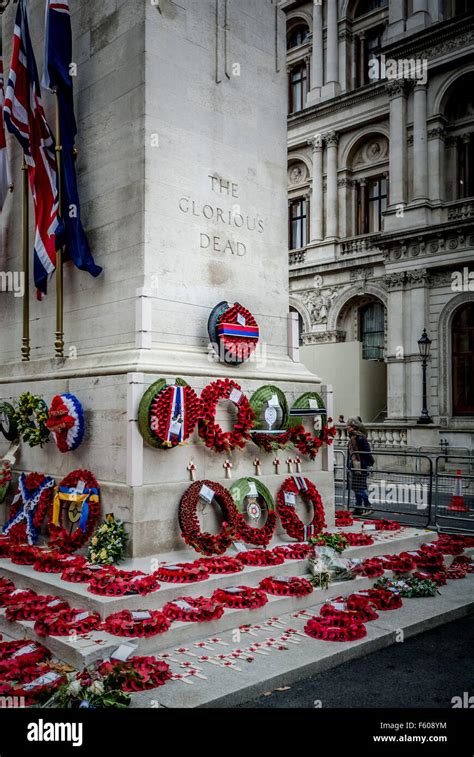 London Uk 9th November 2015 Poppy Wreaths At The Cenotaph For