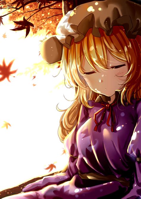 Safebooru 1girl Absurdres Autumn Leaves Blonde Hair Closed Eyes Closed Mouth Dress Hat Highres