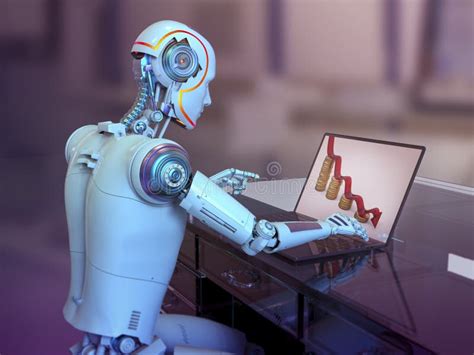 A Humanoid Robot Working With Laptop Studying Economy Chart Conceptual