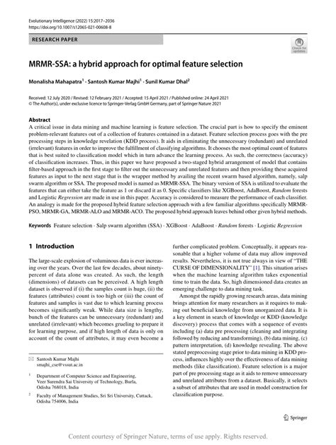 Mrmr Ssa A Hybrid Approach For Optimal Feature Selection Request Pdf