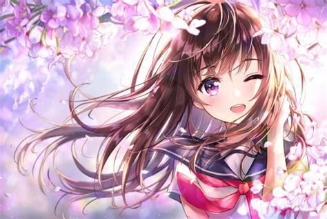 Wallpaper Anime Girl Wink Cherry Blossom Cute School