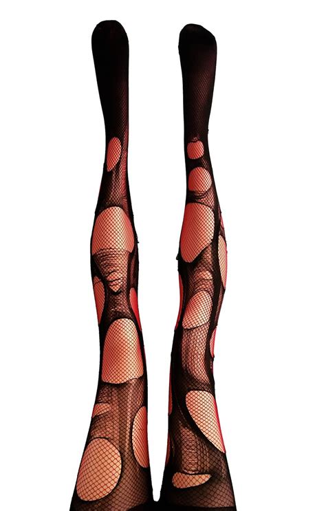 Red Black Fishnet Tights Fishnet Stockings Double Layered Etsy