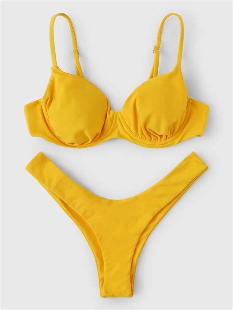 Yellow Swimsuit With Ruched Cami Top And High Leg Bikini Bottom Bikinis