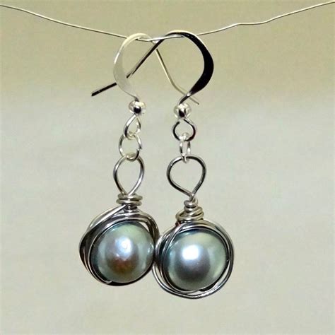 Round Pearl Wire Wrapped Earrings Round Pearl Earrings Pearl Wire