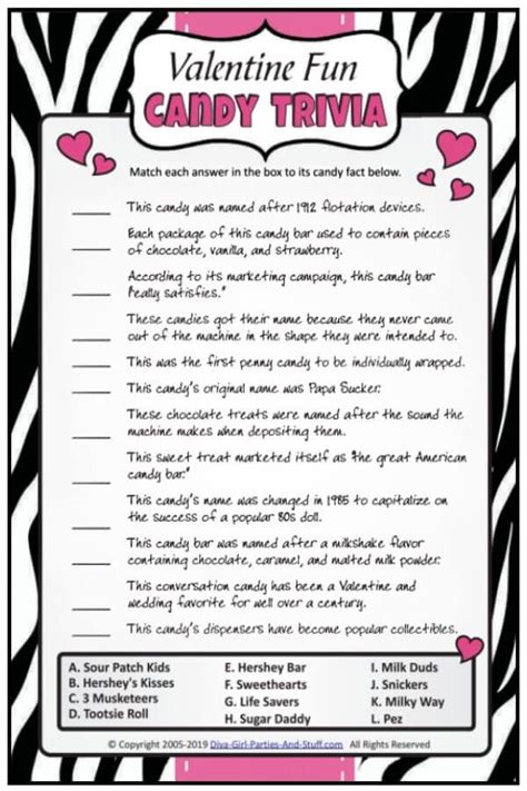 Valentine Fun Candy Trivia Printable Game Valentine Fun Valentines