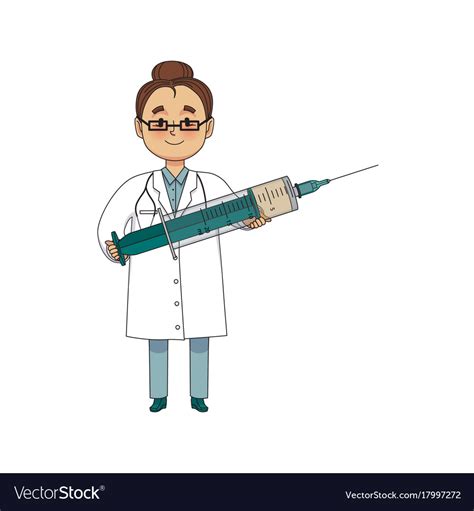 Funny Woman Doctor Character With Giant Syringe Vector Image