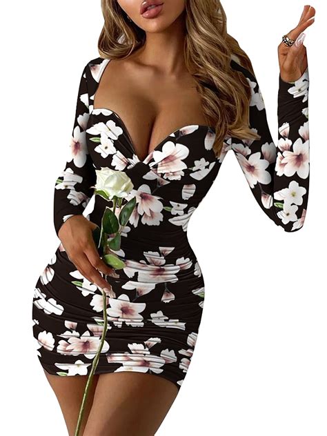 Uerlsty Womens Sexy V Neck Floral Bodycon Dress Ladies Long Sleeve Black Mini Dress