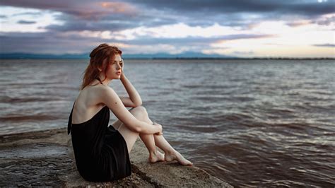 Wallpaper Sunlight Women Redhead Model Sunset Sea Black Dress Water Sky Beach Feet