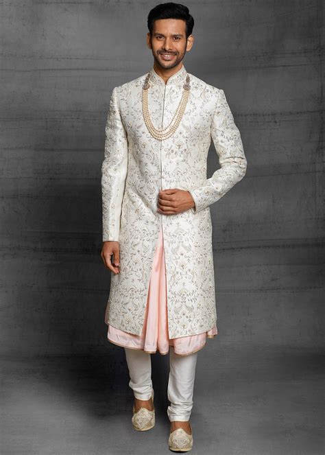 Off White Embroidered Groom Anarkali Style Sherwani Latest 758mw25