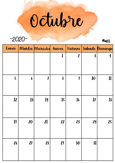 Octubre 2020 Calendario Mensual Para Imprimir Calendario Para