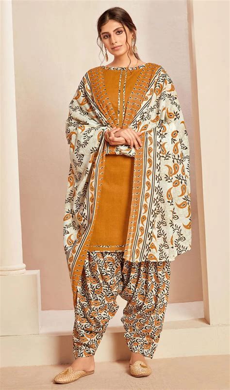 Mustard Color Cotton Printed Punjabi Suit Kameez Designs Punjabi