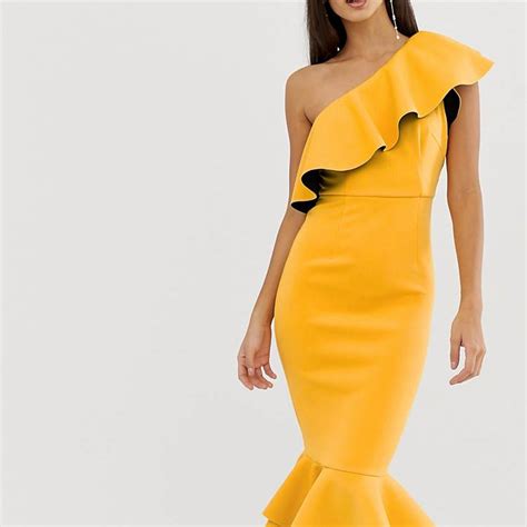 One Shoulder Ruffle Detail Bodycon Dress In Yellow Ph