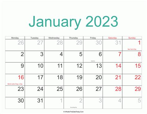 January 2023 Calendar Printable With Holidays Whatisthedatetodaycom