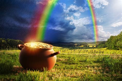 Megan appears to reference the myth that at the end of every rainbow lies a leprechaun's pot of gold. Rainbow Pot Of Gold Stock Photo - Download Image Now - iStock