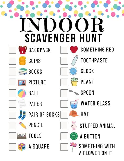 An Indoor Scavenger Hunt With The Words In Black White And Blue On It