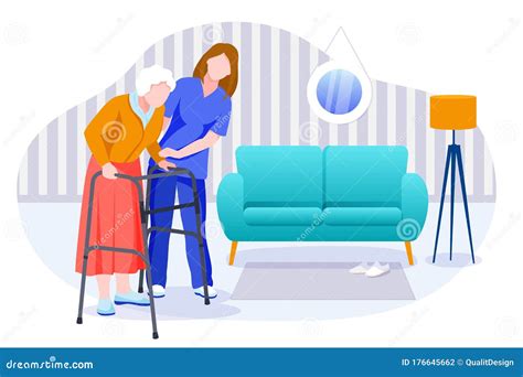 Home Care Services For Seniors Nurse Or Volunteer Worker Taking Care Of Elderly Woman Vector