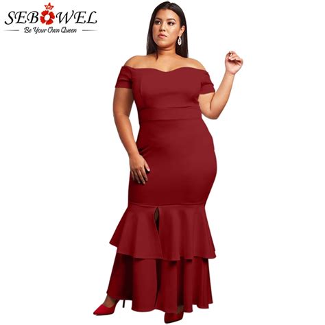 sebowel elegant plus size red bodycon party dress women sexy off shoulder maxi dress big size