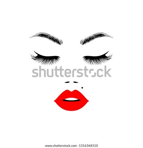 Beautiful Woman Face With Red Lips Lush Eyelashes Closed Eyes Make