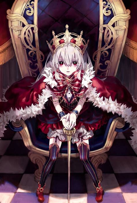 Anime Girl Cloak Crown Pixiv Queen Red Eyes Sword Throne White Hair Anime Image