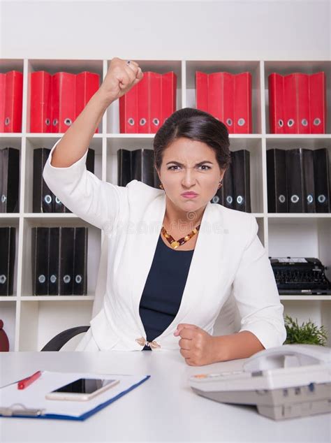 Angry Business Woman Threaten With Her Fist Dismissal Concept Stock