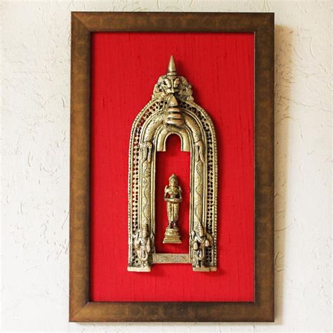 Brass Temple Prabhavali With Deep Lakshmi Framed On Red Raw Silk Ht 45