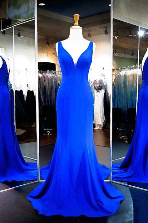 sexy mermaid plunging neckline royal blue satin evening prom dress