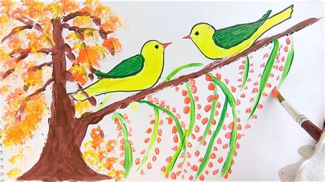 Drawing 2 Birds Sitting On A Branch Of Tree Acrylic Paint Drawing