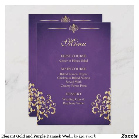 Elegant Gold and Purple Damask Wedding Menu | Zazzle.com | Damask wedding, Damask wedding ...