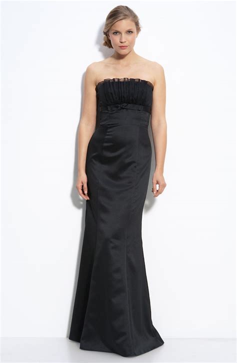 Black Column Strapless Full Length Zipper Satin Bridesmaid Dresses With