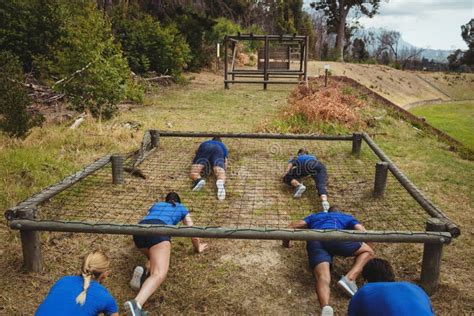 Fit People Crawling Under The Net During Obstacle Course Stock Image