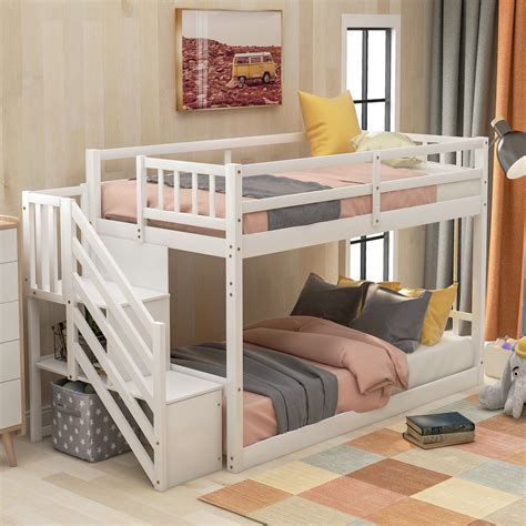 Euroco Wood Twin Over Twin Floor Bunk Bed With Stairs For Kids Room